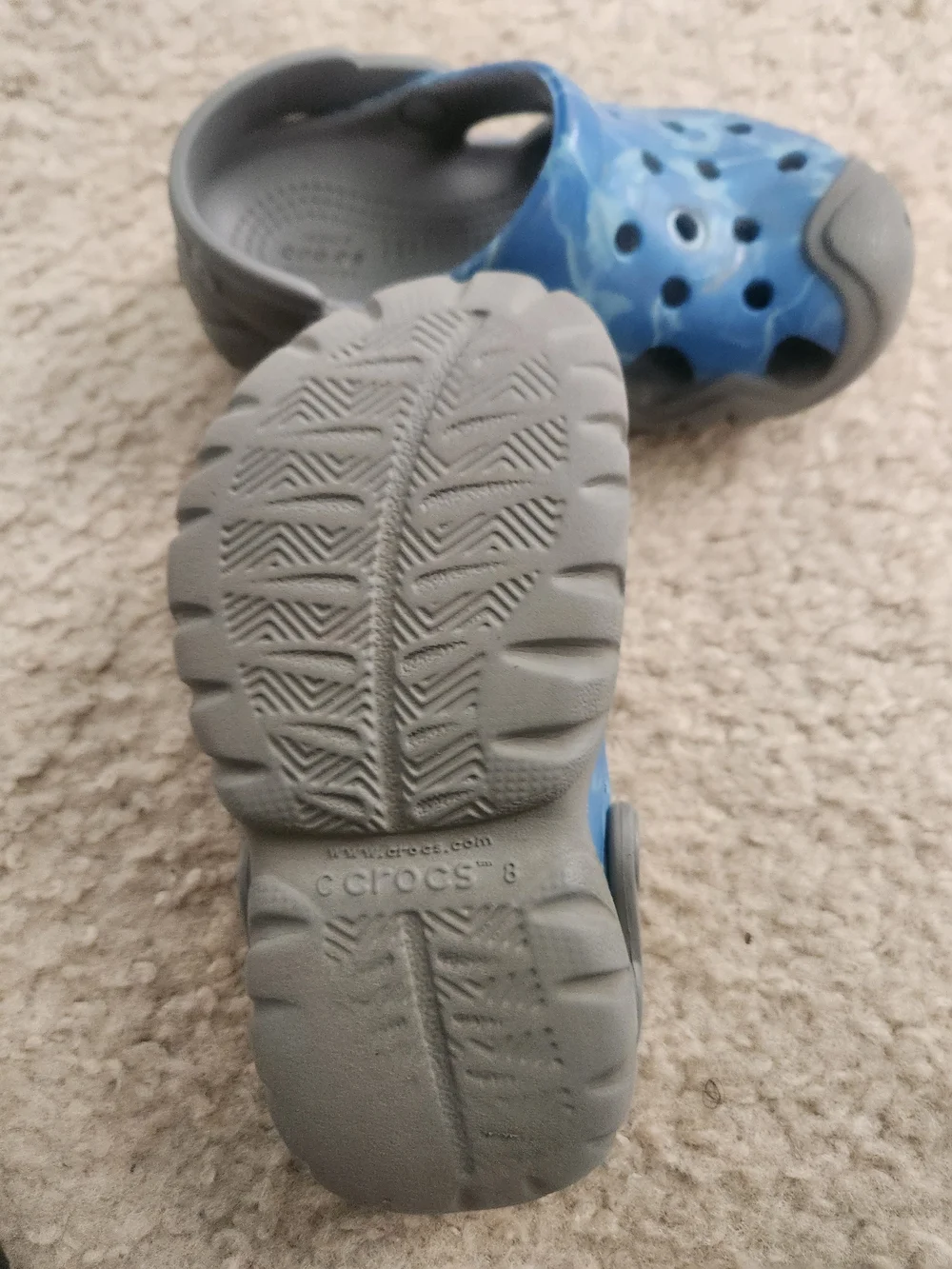 CROCS Kids Blue Water-Pattern Clogs with Gray Soles